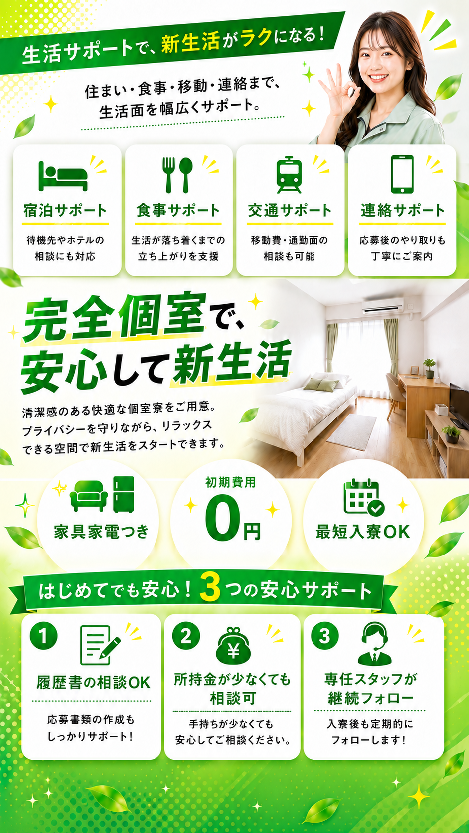 宿泊・食事・交通・連絡まで生活面を幅広くサポート。家具家電つきの完全個室寮に最短入寮OK。